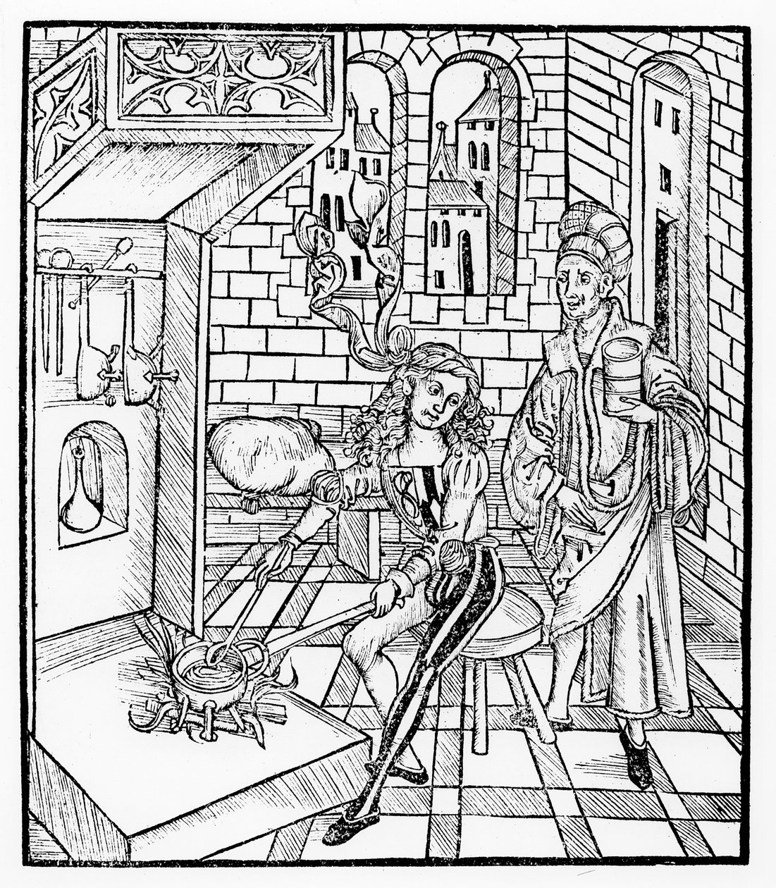 Kirurgin apulainen lämmityslääke, "Das Buch der Cirugia", julkaistu Strasbourgissa, 1497 tekijältä Hieronymus Brunschwig