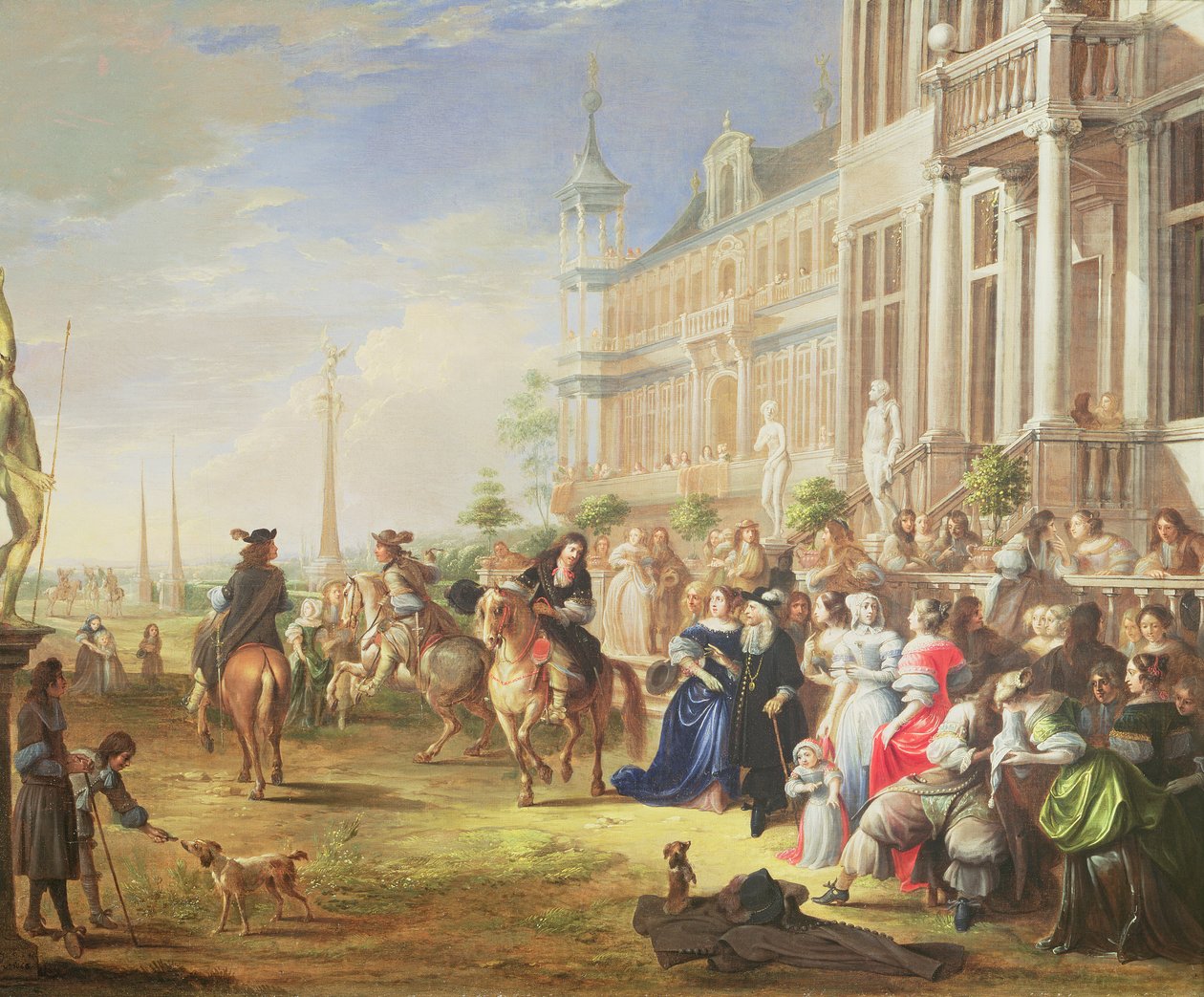 Tyylikäs seurue palatsin edessä, 1668 tekijältä Hieronymus Janssens