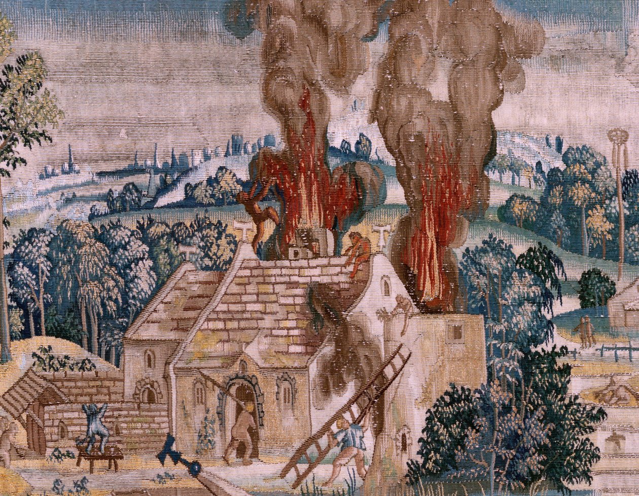Flanderin kuvakudos. Sarja Neljä kuvakudosta Hieronymus Boschin mukaan. Pyhä Antonius rukouksessa (San Antonio en oración). Sarjan toinen kuvakudos. Hieronymus Boschin työn inspiroima malli. Valmistus Tuntematon työpaja, Bryssel. Ennen vuotta 1560. Kangas  tekijältä Hieronymus (after) Bosch