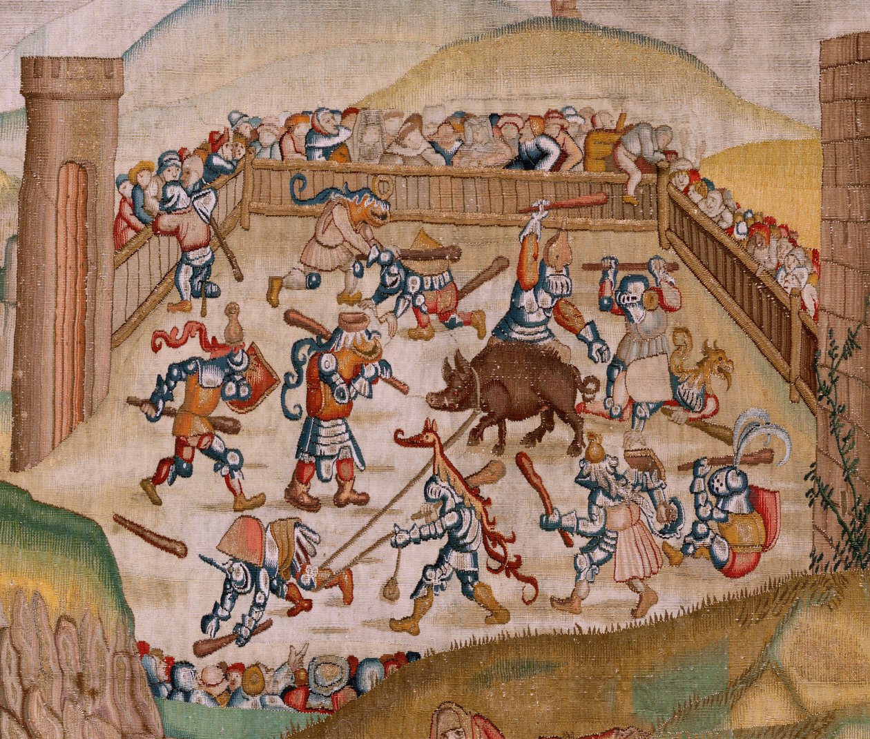 Flanderin kuvakudos. Sarja Neljä kuvakudosta Hieronymus Boschin mukaan. Saint Martin (San Martín). Ensimmäinen kuvakudos sarjassa. Hieronymus Boschin työn inspiroima malli. Valmistus Tuntematon työpaja, Bryssel. Ennen 1560. Kangas Kulta, hopea, silkki ja w tekijältä Hieronymus (after) Bosch