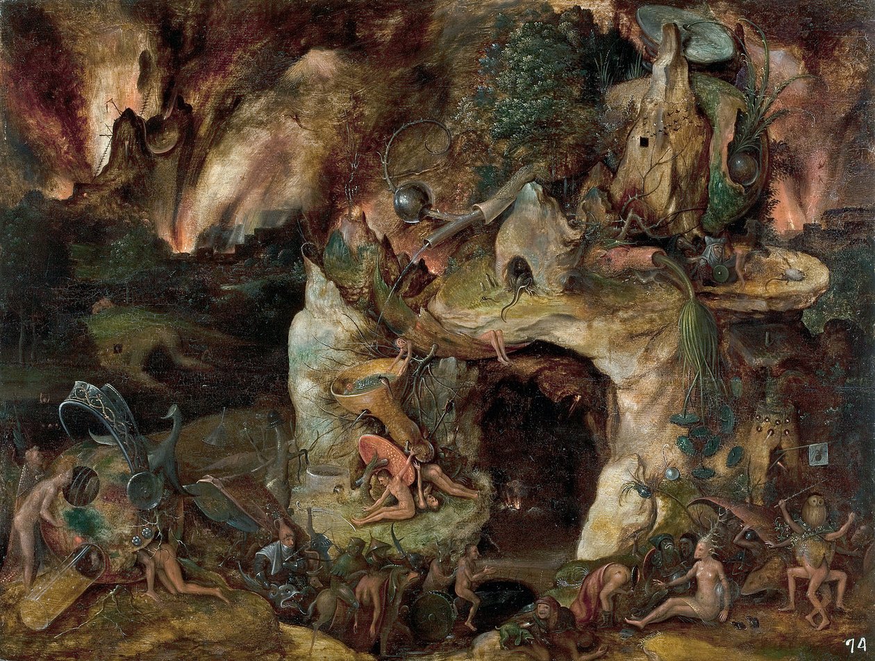 ""Alamaailman maisema"" (Inferno Landscape) Maalaus Jerome Boschin koulusta n. 1561 Koko 49x64 cm Museo del Prado, Madrid tekijältä Hieronymus (school of) Bosch