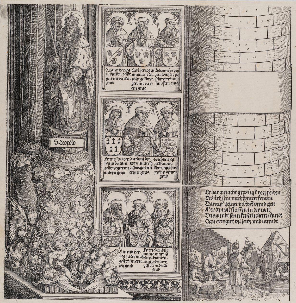 Maximilian arkkitehtina, Pyhän Leopoldin patsaan ja Maximilianuksen Ancen rintakuvat..., 15171518. tekijältä Hieronymus Andreae