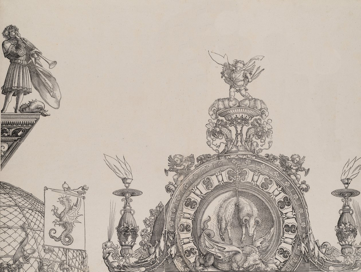 Oikean portaalin huippu, keskusportaalin trumpetisti ja standardi, fr..., 1515. tekijältä Hieronymus Andreae