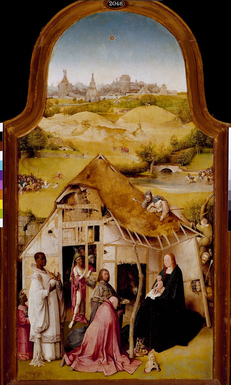 Loppiaisen triptyykin Magi Central -paneelin palvonta. Hieronymus Van Aekenin (Aken) maalaus, Jerome Bosch (1450-1516). 1510-1511. Himmeä. 138x72 cm Madrid. Prado museo. tekijältä Hieronymus Bosch