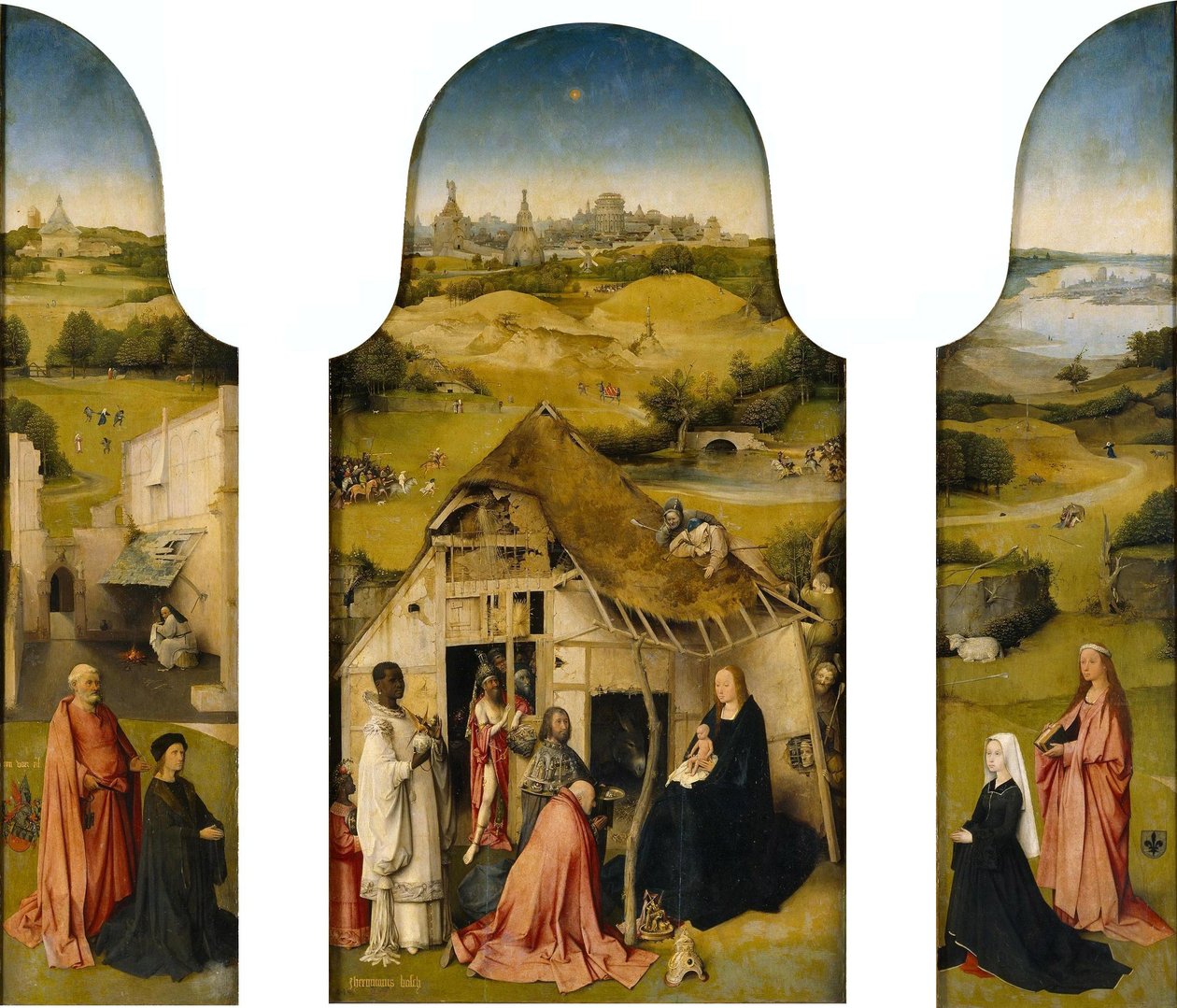 Pyhien tähtien palvominen, sisustus (Pyhä Pietari ja lahjoittaja, Pyhien tähtien palvominen, Pyhä Agnes ja lahjoittaja). tekijältä Hieronymus Bosch