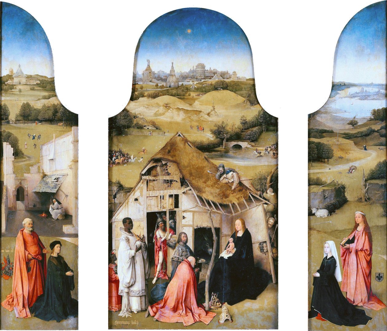 Pyhien tähtien palvominen, sisustus (Pyhä Pietari ja lahjoittaja, Pyhien tähtien palvominen, Pyhä Agnes ja lahjoittaja). tekijältä Hieronymus Bosch