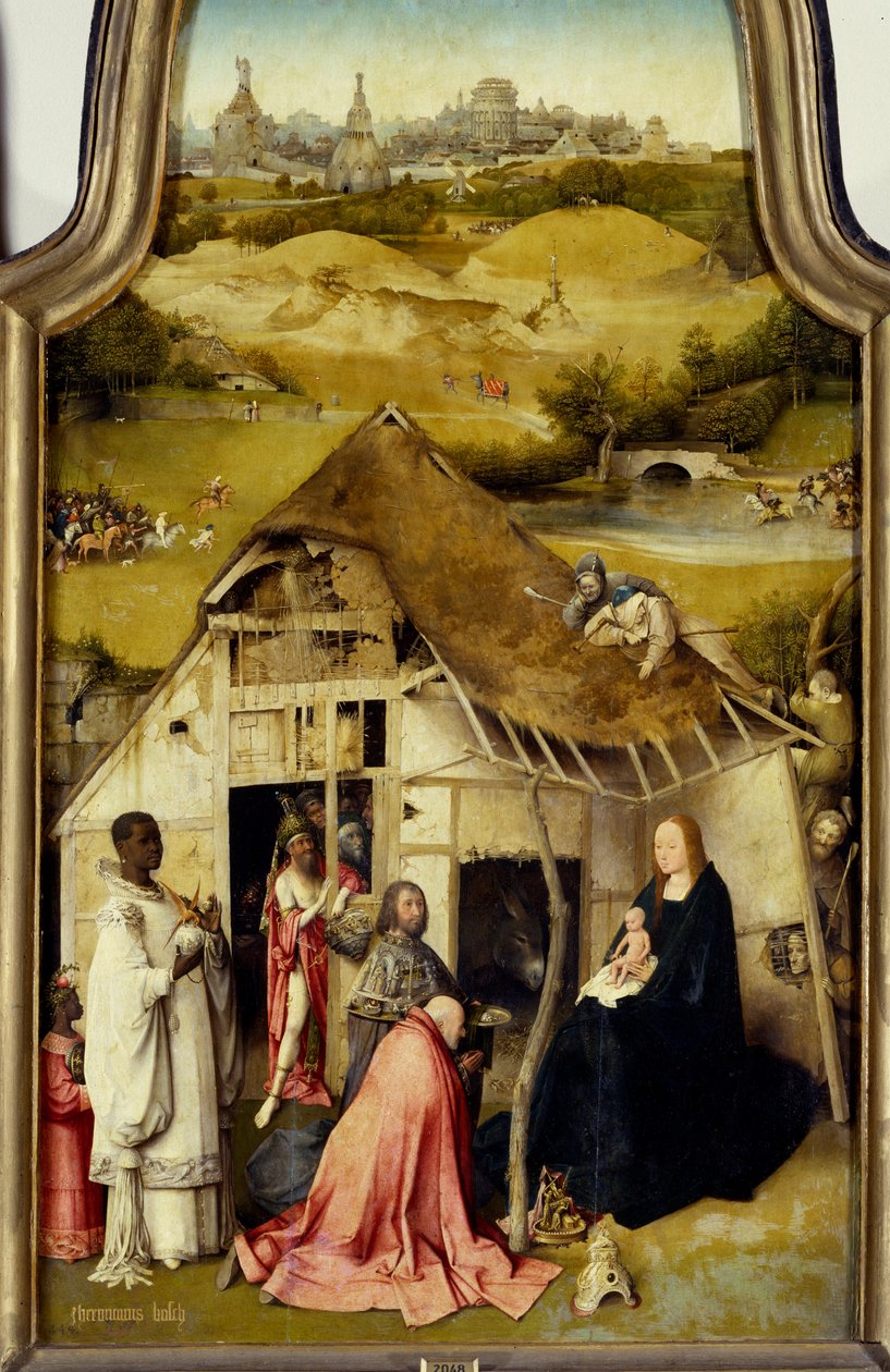 Triptyykkitaikureiden palvonta. Yksityiskohta keskipaneelista. Hieronymus Van Akenin (Aken) maalaus, Jerome Bosch (1450-1516). 1510-1511. Madrid. Prado museo. tekijältä Hieronymus Bosch