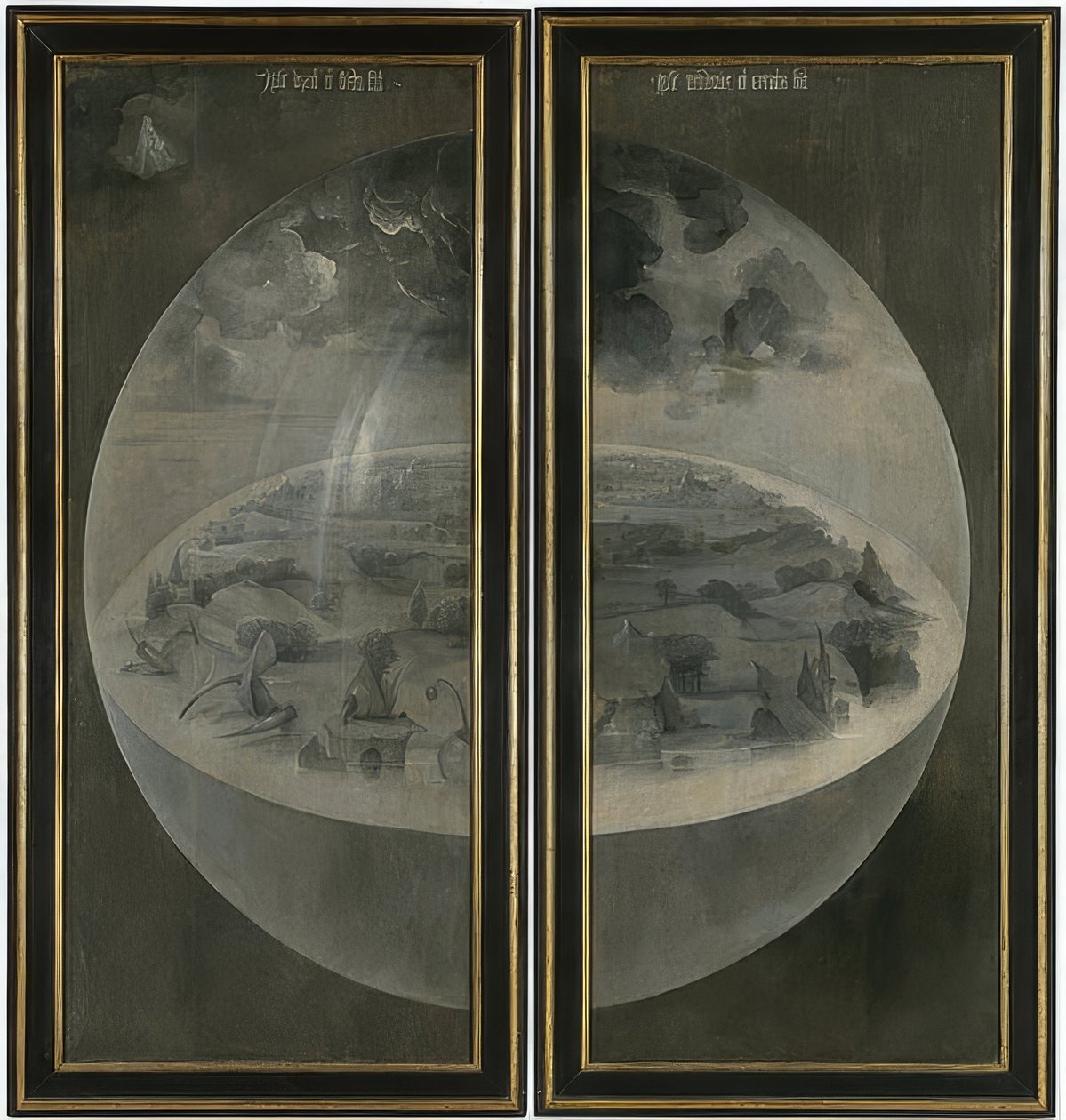Maallisten ilojen puutarha. Triptyykki, takana: Luominen. Noin 1500-05 tekijältä Hieronymus Bosch
