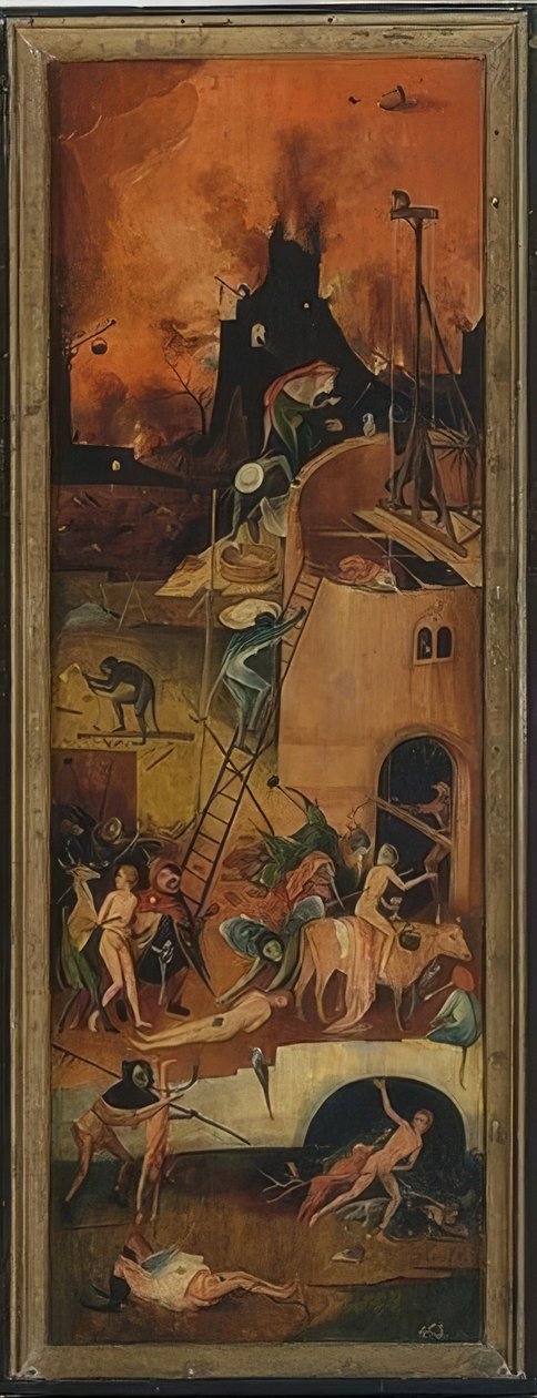 Heinäkärry (triptyykki). Vasen paneeli. Noin 1515 tekijältä Hieronymus Bosch