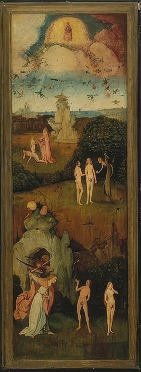 Heinäkärry (triptyykki). Vasen paneeli. Noin 1515 tekijältä Hieronymus Bosch