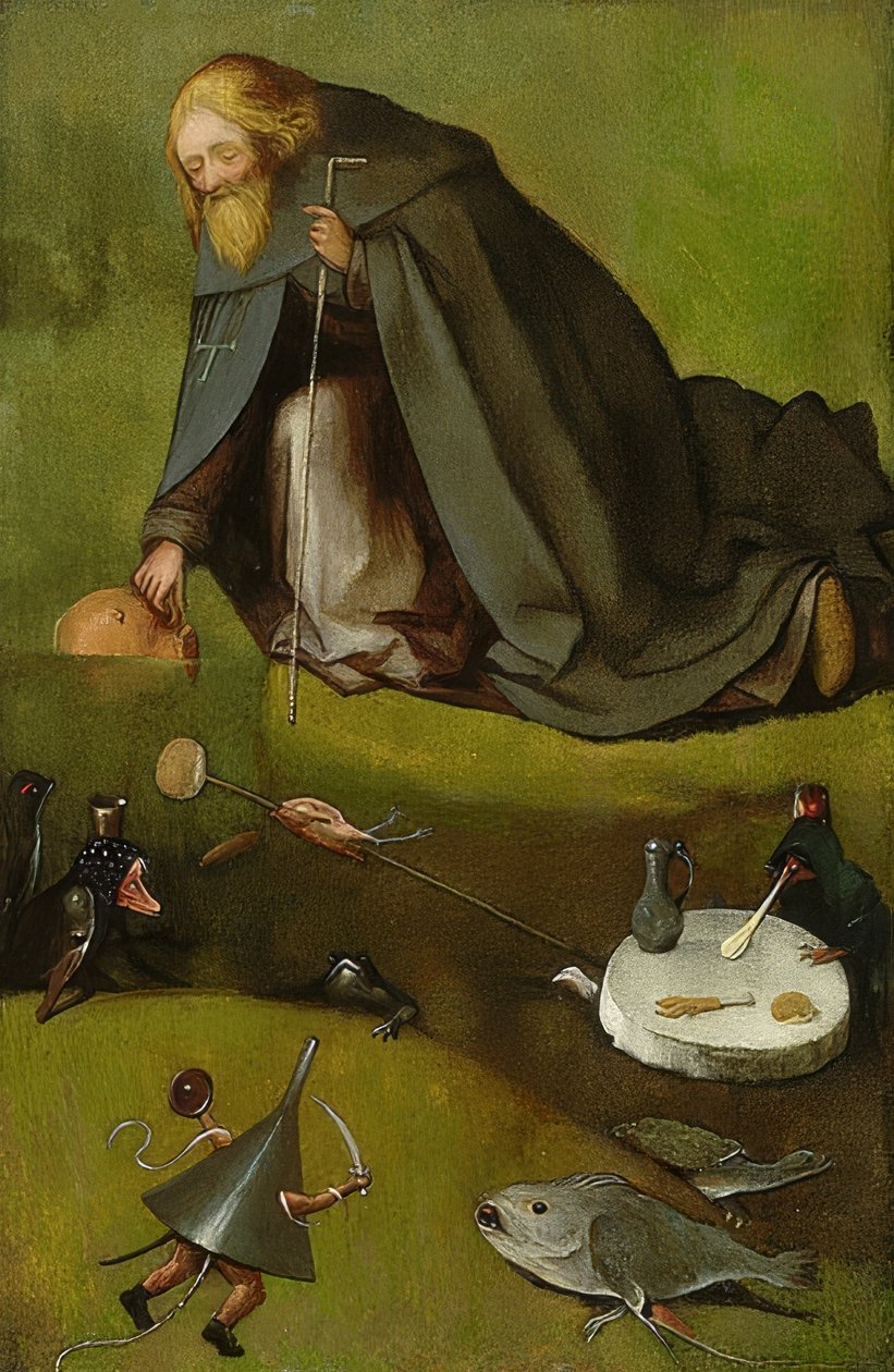 Pyhän Antoniuksen kiusaus. Noin 1500-10 tekijältä Hieronymus Bosch