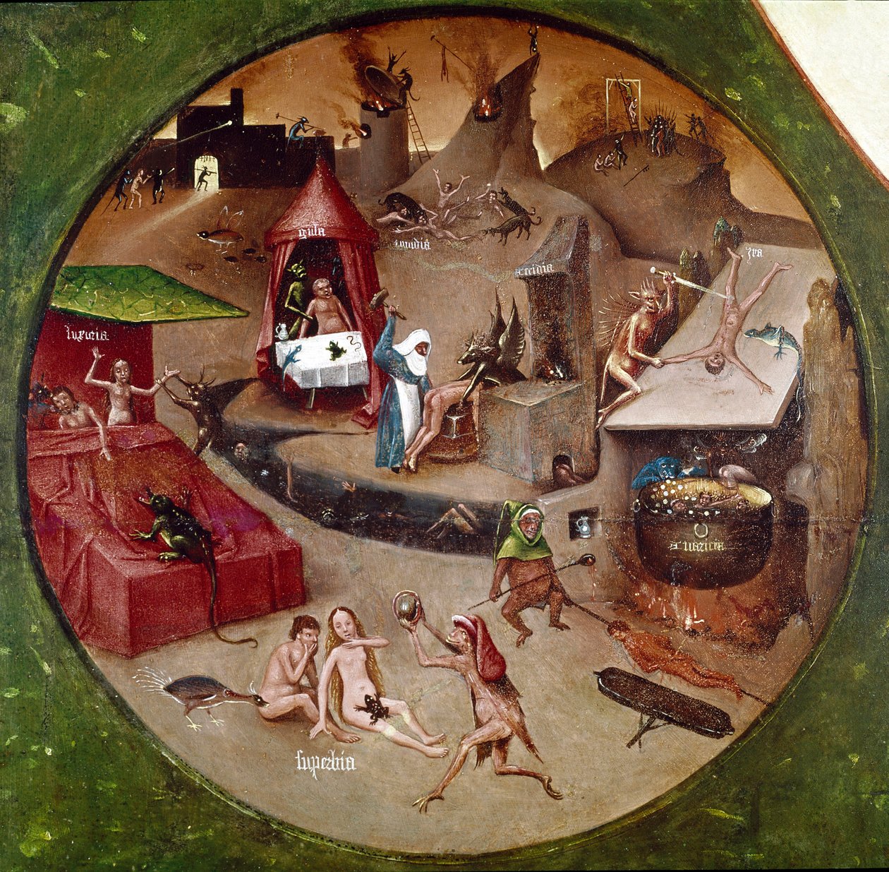 Helvetti. Yksityiskohta seitsemän kuolemansyntiä ja neljä viimeistä asiaa (öljy paneelille tekijältä Hieronymus Bosch