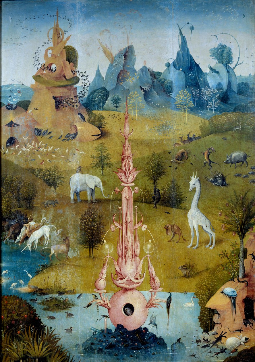 Paratiisi La Fontaine. Yksityiskohta Hieronymus Van Akenin (Aken) dit Jerome Bosch (1450-1516) triptyykin vasemmasta osasta "Herkujen puutarha" tekijältä Hieronymus Bosch