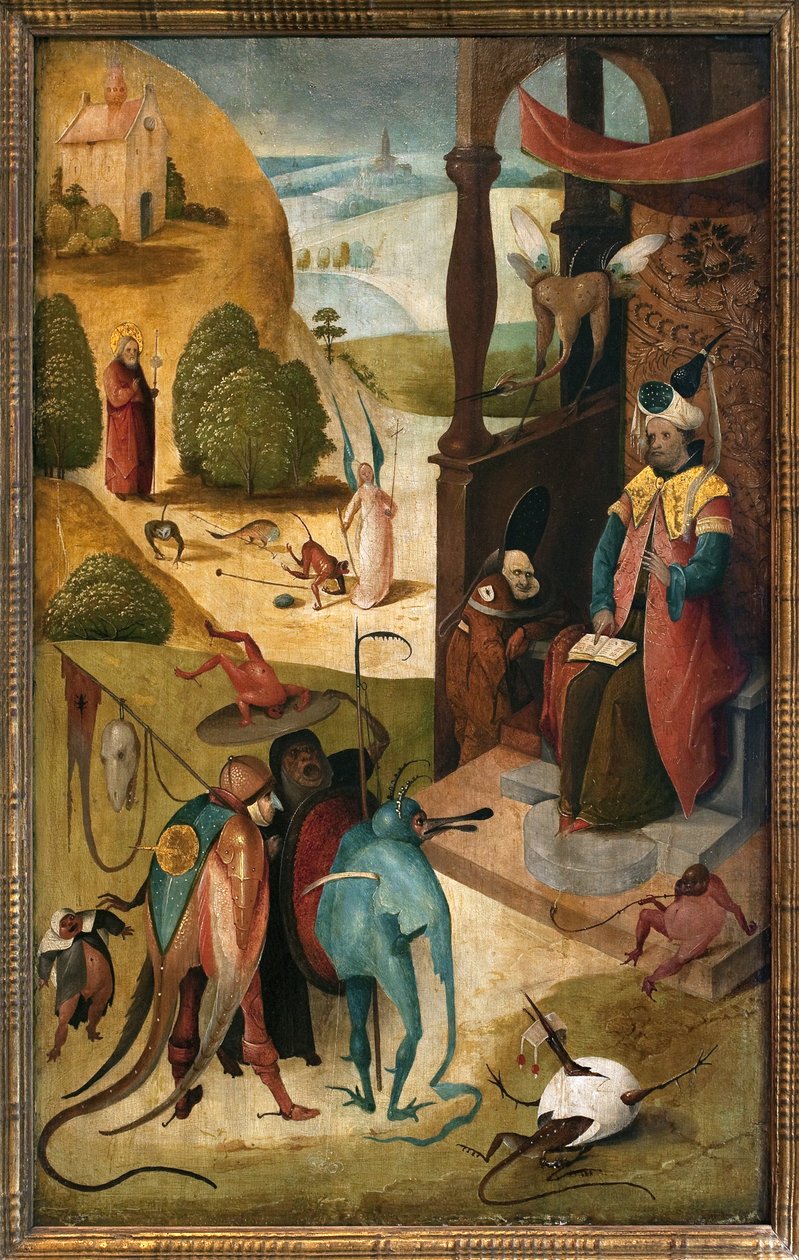 Pyhä James Major ja taikuri Hermogene. Hieronymus Van Aekenin (Aken) maalaus Jerome Bosch (1450-1516), öljy puulle tekijältä Hieronymus Bosch