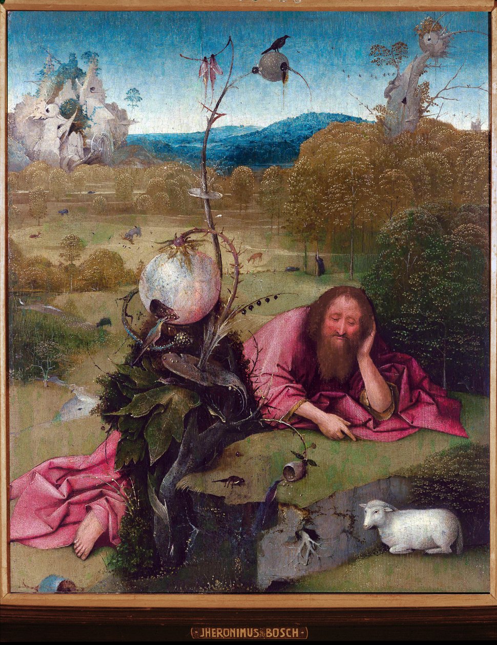 Pyhä Johannes Kastaja autiomaassa - maalaus Jeronimus van Aken, Jerome (Hieronymus) Bosch (n. 1450 -1516), öljy puulle, 48,5x40 cm, noin 1489 - Madrid, Museo Lazaro Galdiano tekijältä Hieronymus Bosch