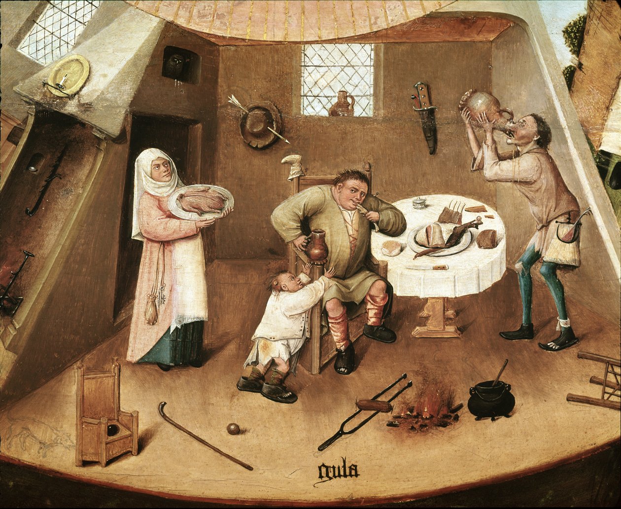 Seitsemän kuolemansyntiä: ahne. Yksityiskohta (öljy paneelissa tekijältä Hieronymus Bosch