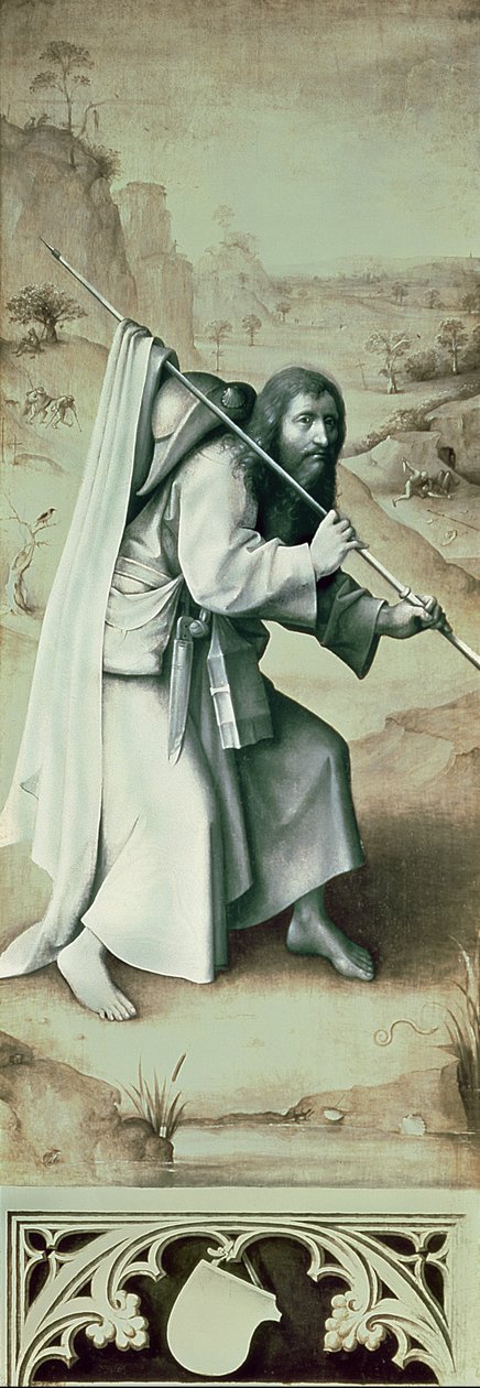 Pyhä Jaakob Suurempi, viimeisen tuomion alttaritaulun vasemman siiven ulkopuoli tekijältä Hieronymus Bosch