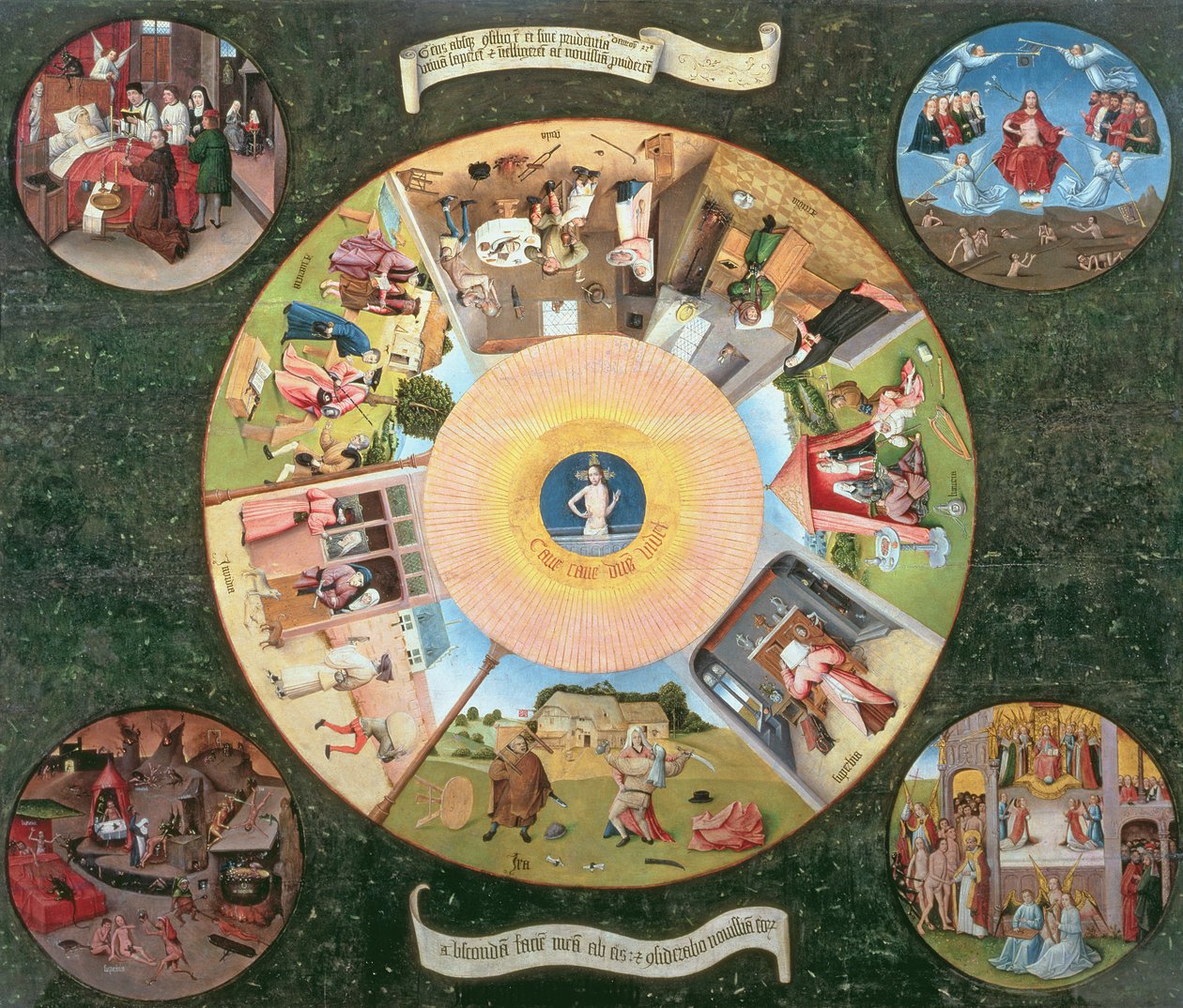 Seitsemän kuolemansynnin ja neljän viimeisen asian pöytälevy (öljy paneelissa) tekijältä Hieronymus Bosch