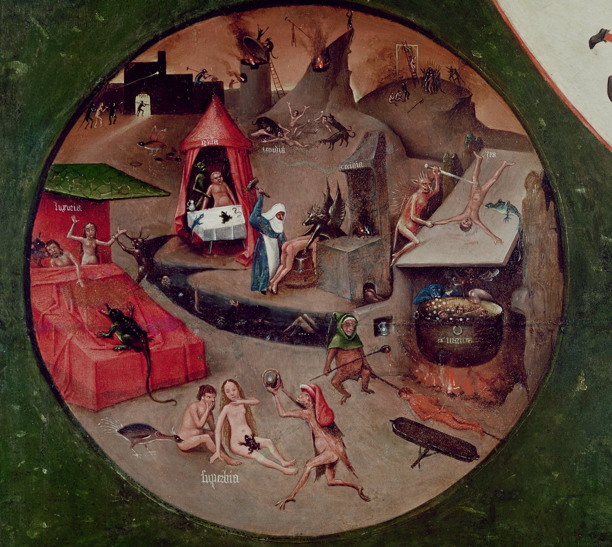 Seitsemän kuolemansynnin ja neljän viimeisen asian pöytälevy, yksityiskohta helvetistä, n. 1480 (öljy paneelissa) tekijältä Hieronymus Bosch