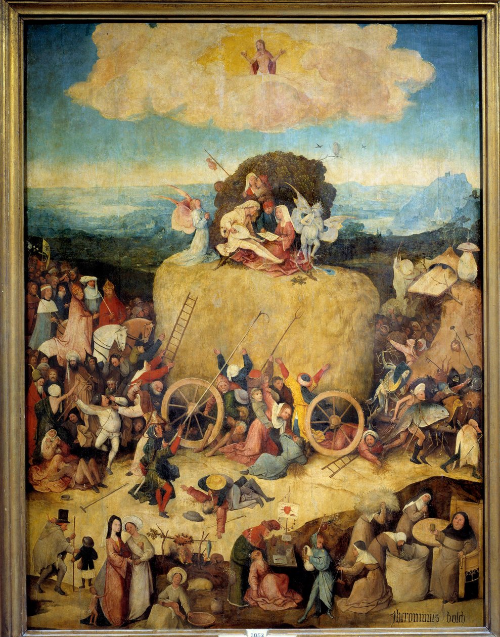 Allegorie Hay Cart miehille ja naisille, jotka haluavat ottaa kaiken irti nykyajasta. Solan allegorisen tryptiikan keskuspaneeli, Jerome Boschin (1450-1516) tunnetun Hieronymus Van Aekenin (Aken) nykyhetki noin 1490. Madrid, Prado-museo tekijältä Hieronymus Bosch