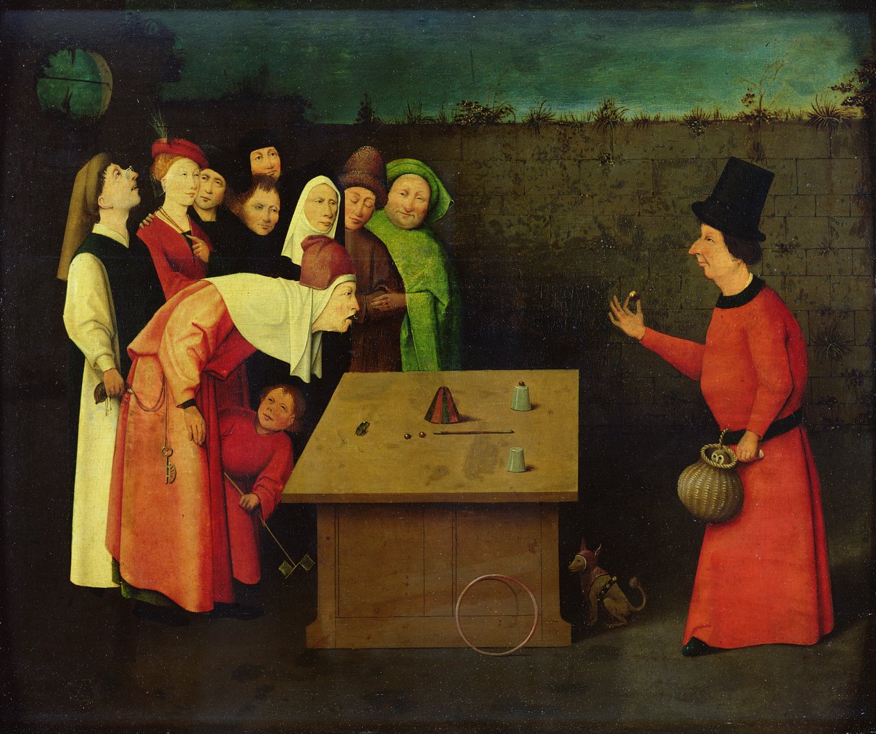 The Conjuror (öljy paneelille) (esirestaurointi) tekijältä Hieronymus Bosch