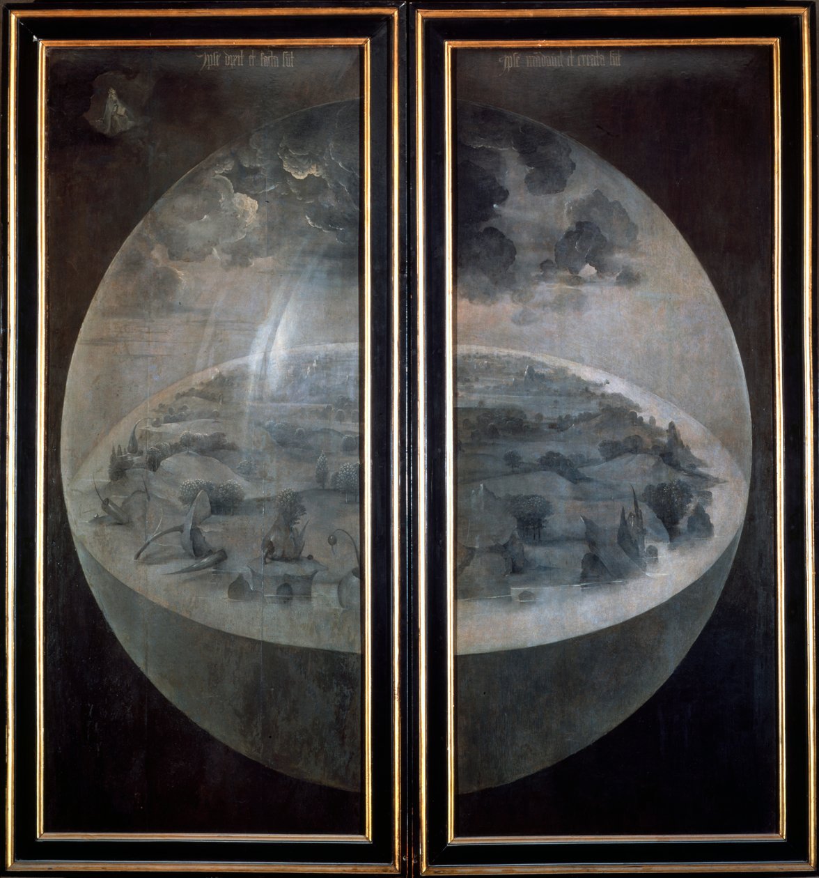 Maailman luominen, triptyykin suljetut ovet The Garden of Earthly Delights, c1500 tekijältä Hieronymus Bosch