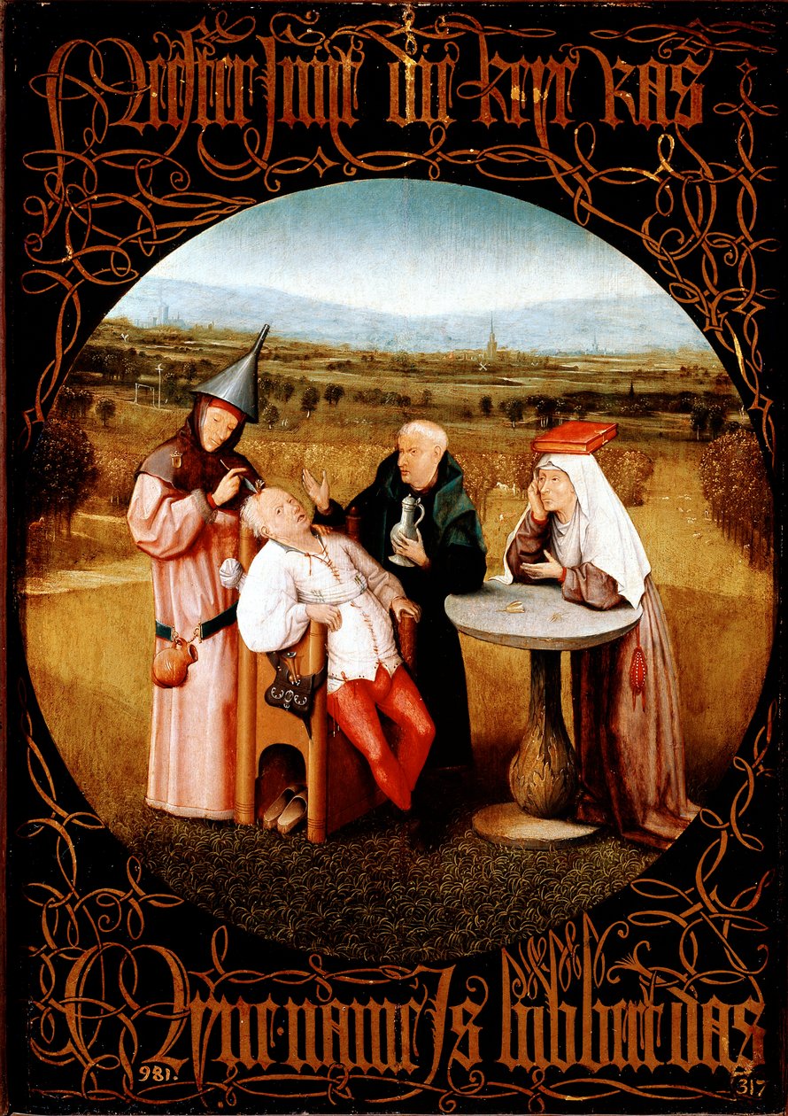 Hulluuden kiven louhinta (kiven leikkaaminen tai hulluuden parantaminen) - maalaus tekijältä Hieronymus Bosch