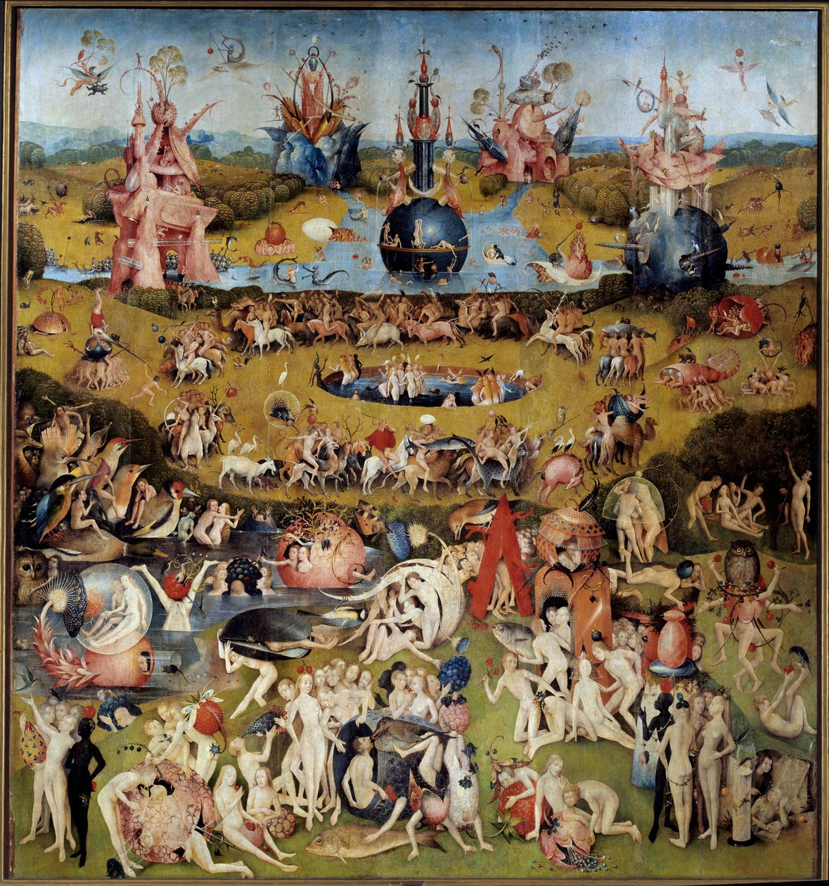 Maallisten ilojen puutarha. Keskuspaneeli: ystävät maistelevat hedelmiä tekijältä Hieronymus Bosch