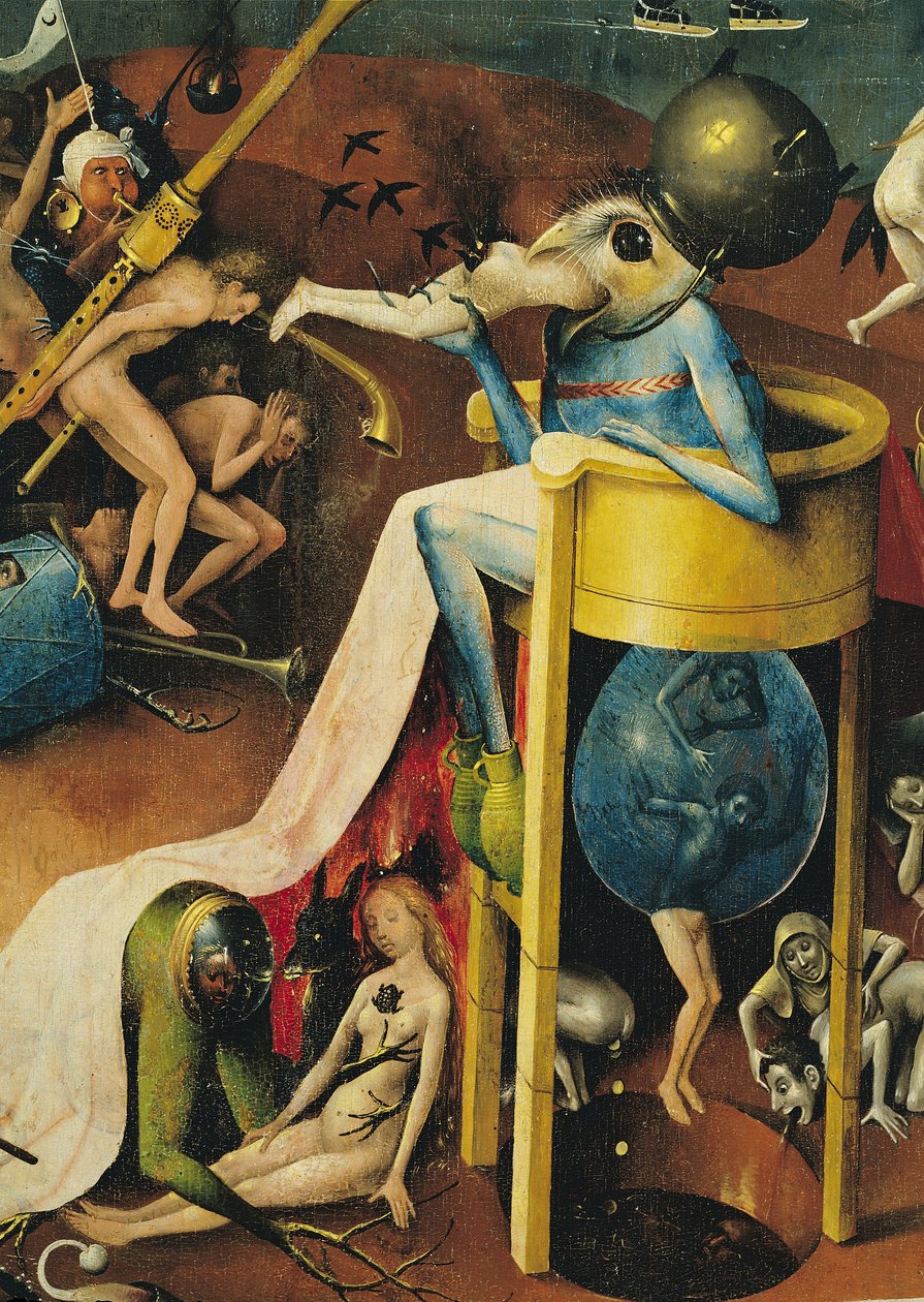 The Garden of Earthly Delights: Helvetti, triptyykin oikea siipi, yksityiskohta sinisestä lintumiehestä jakkaralla, n. 1500 (yksityiskohta 3425) tekijältä Hieronymus Bosch