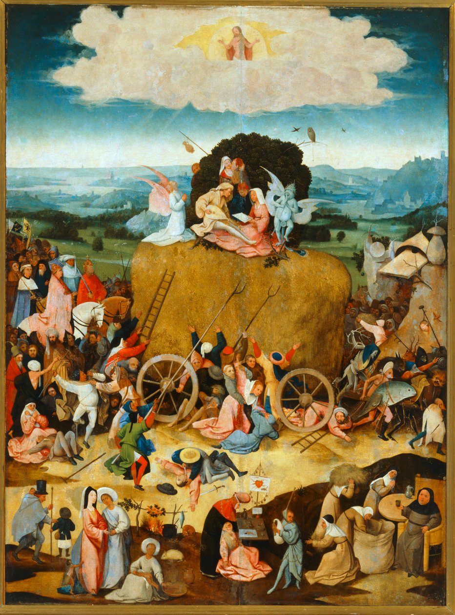 Haywain. Flanderilainen sananlasku sanoo, että maailma on yksi
josta jokainen ottaa sen, minkä voi... (maalaus puulle) tekijältä Hieronymus Bosch