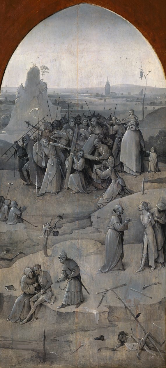 Pyhän Antoniuksen kiusaus. Triptyykki, kääntöpuoli: Kristus kantaa ristiä, 1500-1501. tekijältä Hieronymus Bosch