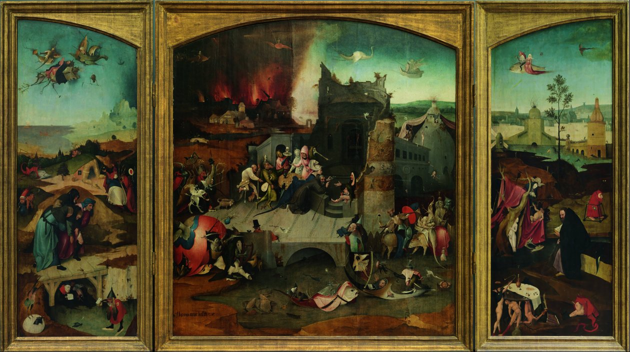 Pyhän Antoniuksen kiusaus. Korkearesoluutioinen kopio Google Art Projectista. Vasen yläkulma piti ottaa uudelleen näyte tekijältä Hieronymus Bosch