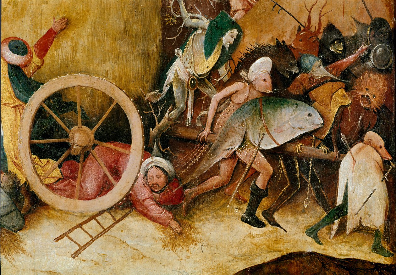 Heinäsäiliö tai heinätriptyykki (heinäkärry): Keskipaneelin yksityiskohta. Hirviöhahmot, antropomorfiset hahmot ja mies törmää pyörän alle. Hieronymus Van Aekenin (Aken) maalaus, Jerome Bosch (1450-1516) tekijältä Hieronymus Bosch