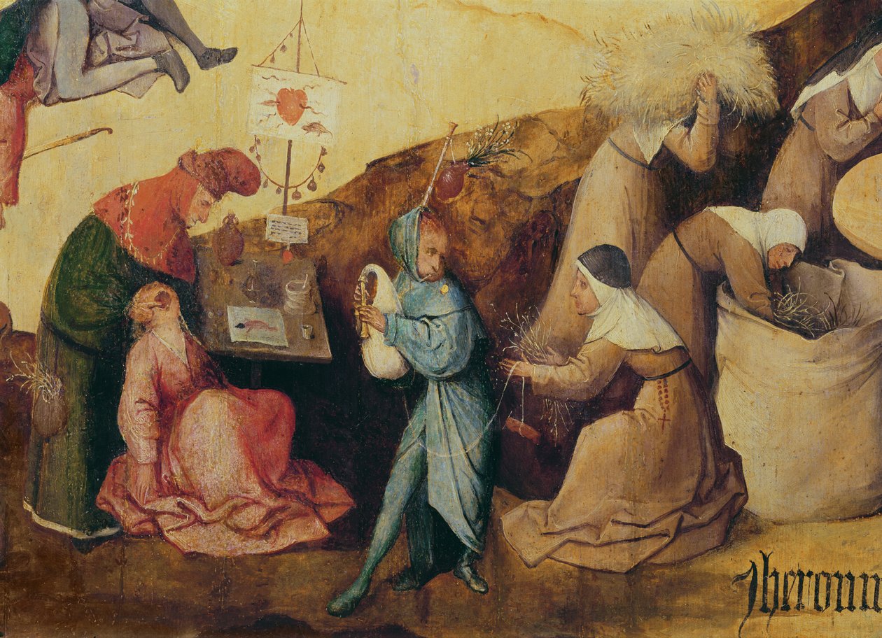 Hampaanvetäjä, säkkipillin soittaja ja puunkerääjä, yksityiskohta Haywainin triptyykin keskimmäisestä taulusta, noin 1515 (yksityiskohta kuvasta 3429). tekijältä Hieronymus Bosch