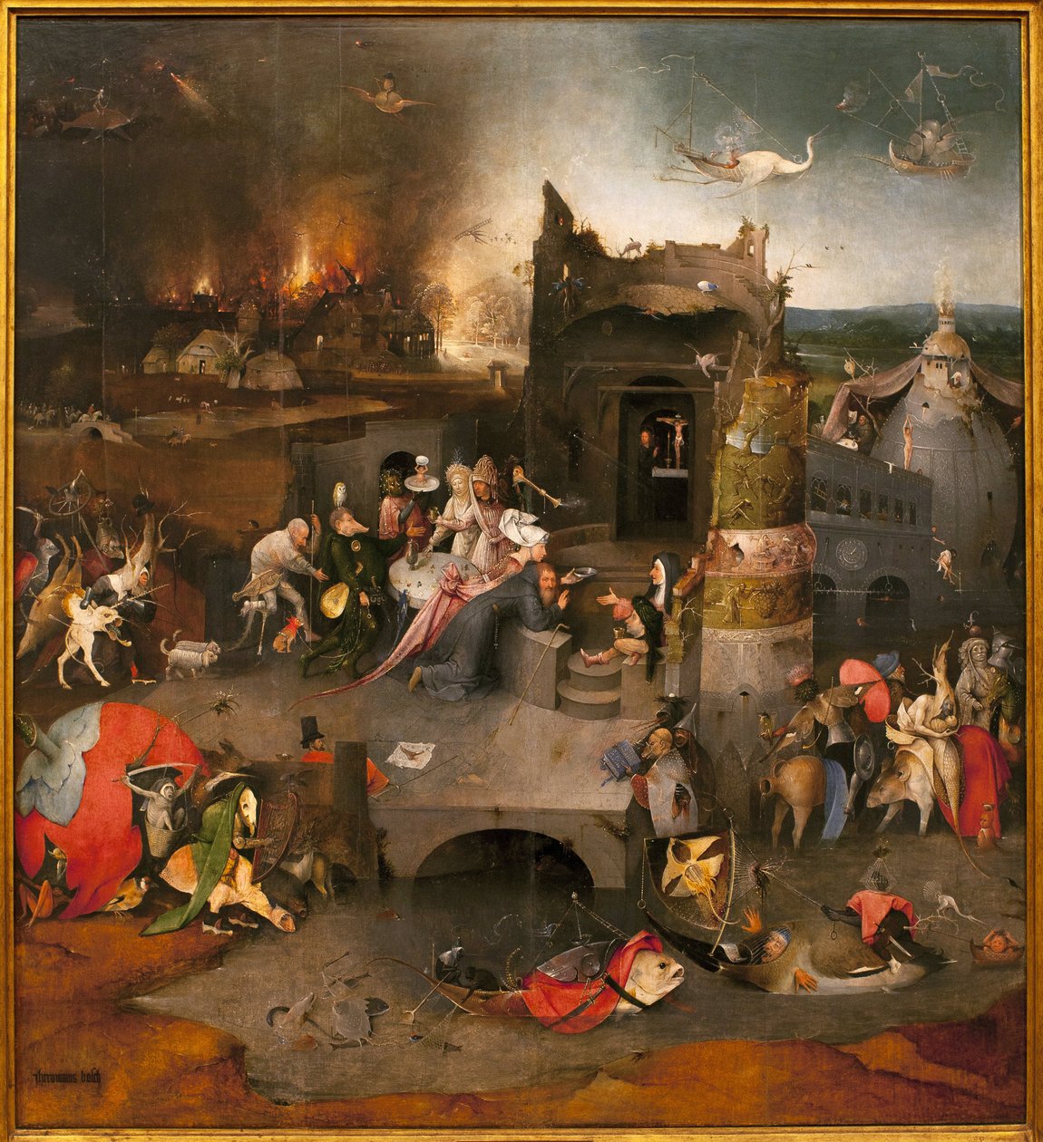 Kiusausten triptyykki - keskiosa: Pyhän Antonius Suuren kiusaus (tai pyhä Antonius Erakko tai Pyhä Anthony Abbe. Hieronymus Van Aekenin (Aken) maalaus dit Jerome Bosch (1450-1516), öljy puulle, noin 1500 ( Triptyykki kiusauksesta tekijältä Hieronymus Bosch