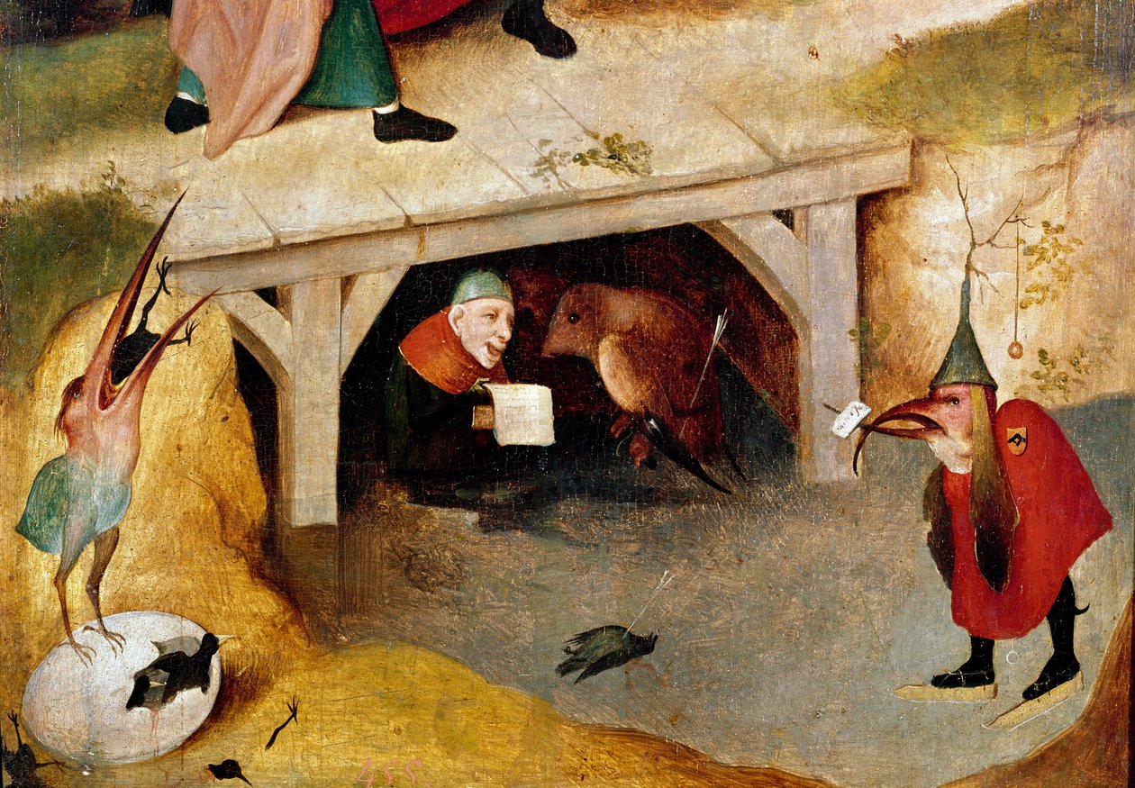 Kiusausten triptyykki, yksityiskohta. Vasen puoli: Pyhän Antonius Suuren (tai Pyhän Antonius Erakon tai Pyhän Antonius Abben) lento ja putoaminen. Hieronymus Van Aekenin (Aken) maalaus, Jerome Bosch (1450-1516) tekijältä Hieronymus Bosch