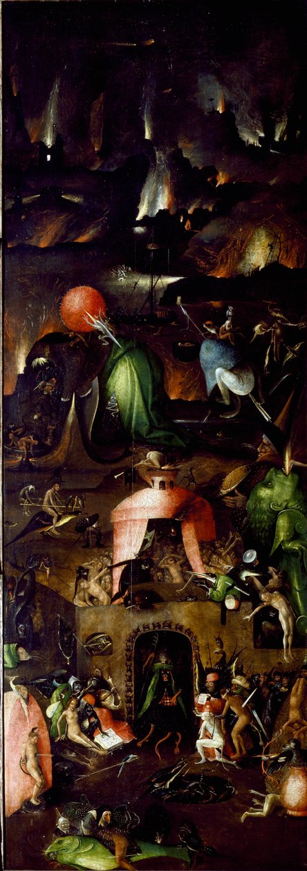 Viimeisen tuomion tryptiikka: oikea paneeli, joka edustaa helvettiä. Hieronymus Van Aekenin (Aken) maalaus puulle, Jerome Bosch (1450-1516) 1504 noin su. 167,5x60 cm Wien, Kuvataideakatemian maalausgalleria hist tekijältä Hieronymus Bosch