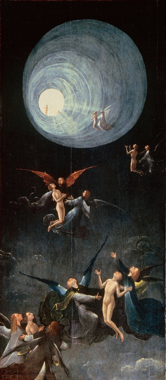 les ames bienheureuses. Le Paradis - Nousu taivaaseen. Lähde: Neljä visiota tulevaisuudesta par Bosch, Hieronymus (n. 1450-1516). Öljy puulle, koko: 88,8x39,9, n. 1490-1510, Palazzo Grimani, Venetsia tekijältä Hieronymus Bosch