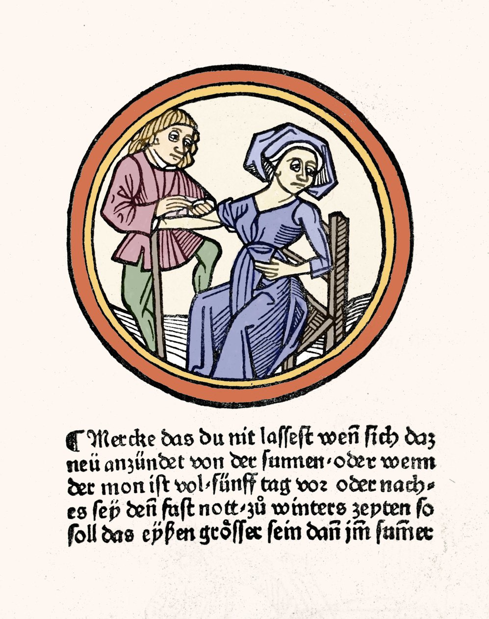 Naisen verenvuoto. Ksylografia otettu Hyeronimus Braunschweigin "Buch de Surgery" -julkaisusta. Strasbourg 1497 tekijältä Hieronymus Brunschwig