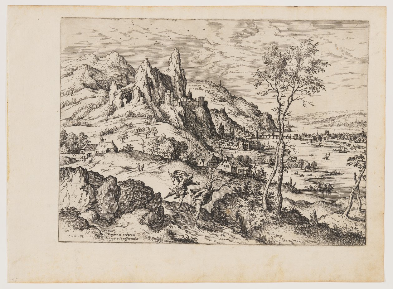 Daphne Persecuted by Apollo, teoksesta Landscapes with Biblical and Mythological Scenes (Maisemia, joissa on raamatullisia ja mytologisia kohtauksia). tekijältä Hieronymus Cock