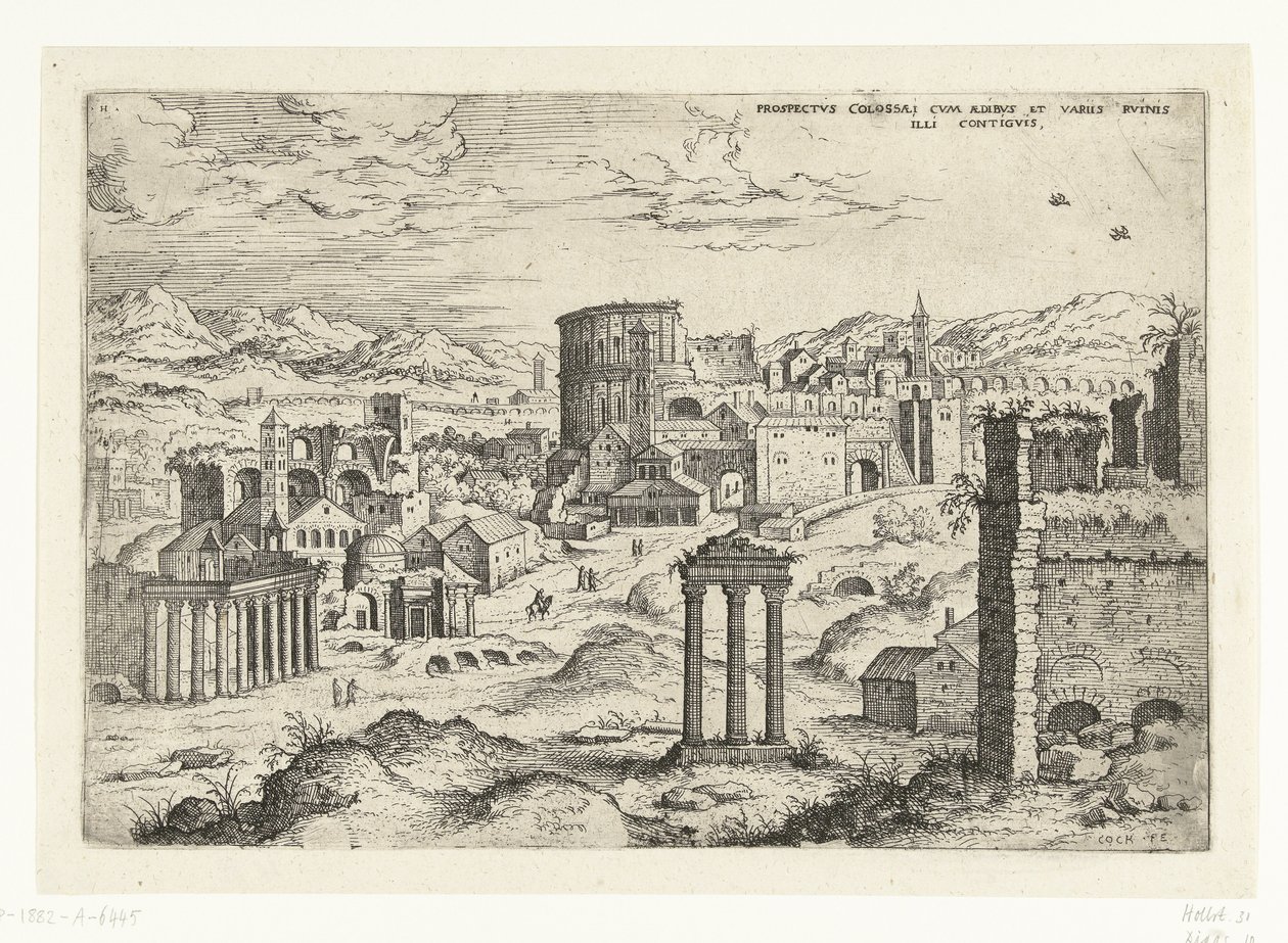 Gezicht op het Forum Romanum (otsikko esineessä) Rooman rauniot (sarjan nimi) tekijältä Hieronymus Cock