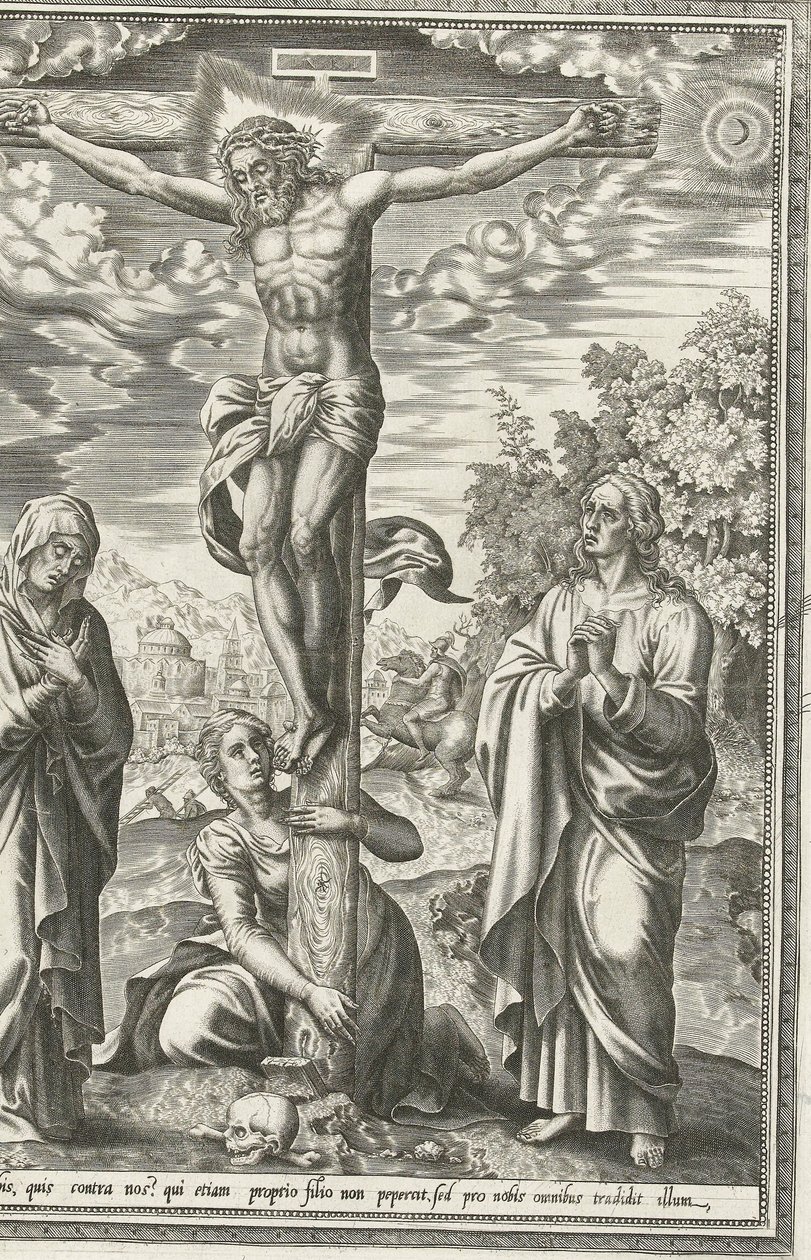 Ristiinnaulitseminen Marian, Johannes Kastajan ja Maria Magdaleenan kanssa tekijältä Hieronymus Cock