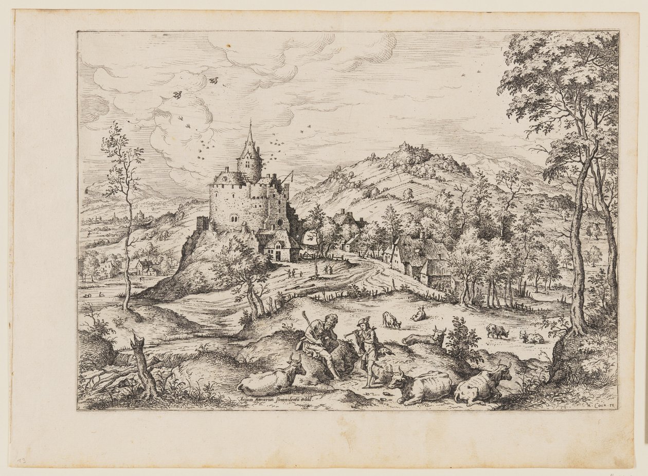 Mercury Lulling to Sleep Argus, teoksesta Landscapes with Biblical and Mythological Scenes (Maisemat, joissa on raamatullisia ja mytologisia maisemia) tekijältä Hieronymus Cock
