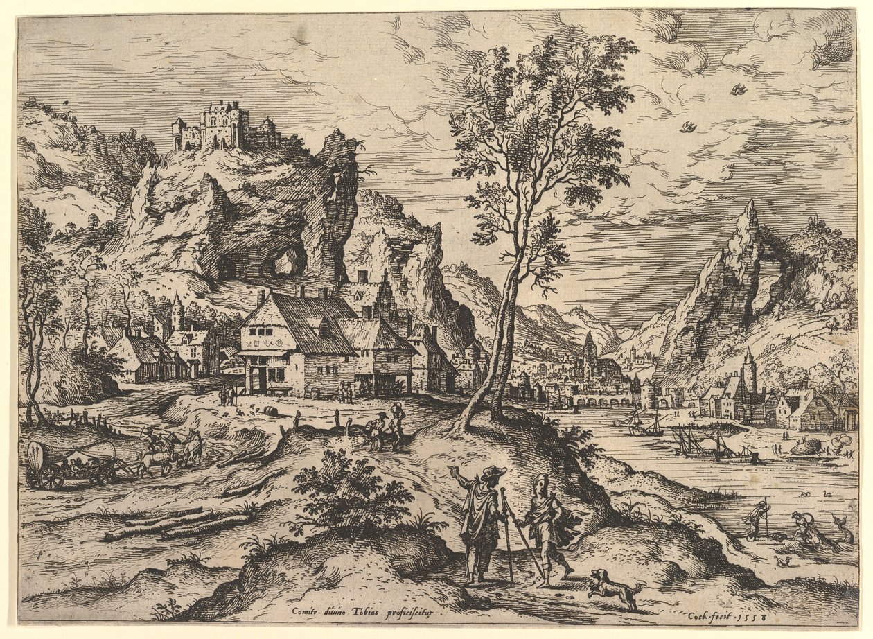 Tobit kirjasta Maisemat, joissa on raamatullisia ja mytologisia kohtauksia, 1558. tekijältä Hieronymus Cock
