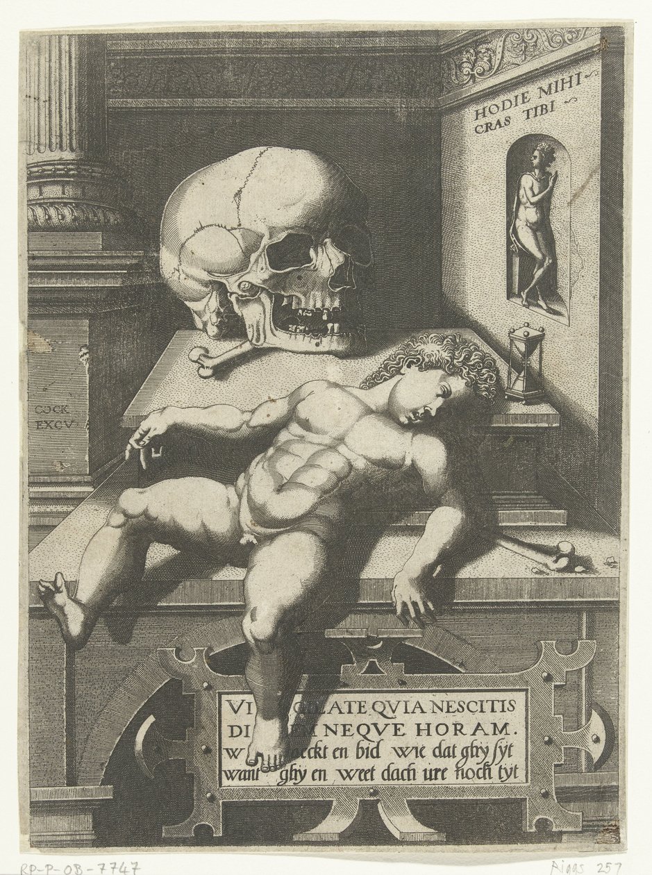 Vanitas-esitys lapsen ja kallon kanssa (Hodi mihi kras tibi / Tänään minä, huomenna sinä) tekijältä Hieronymus Cock