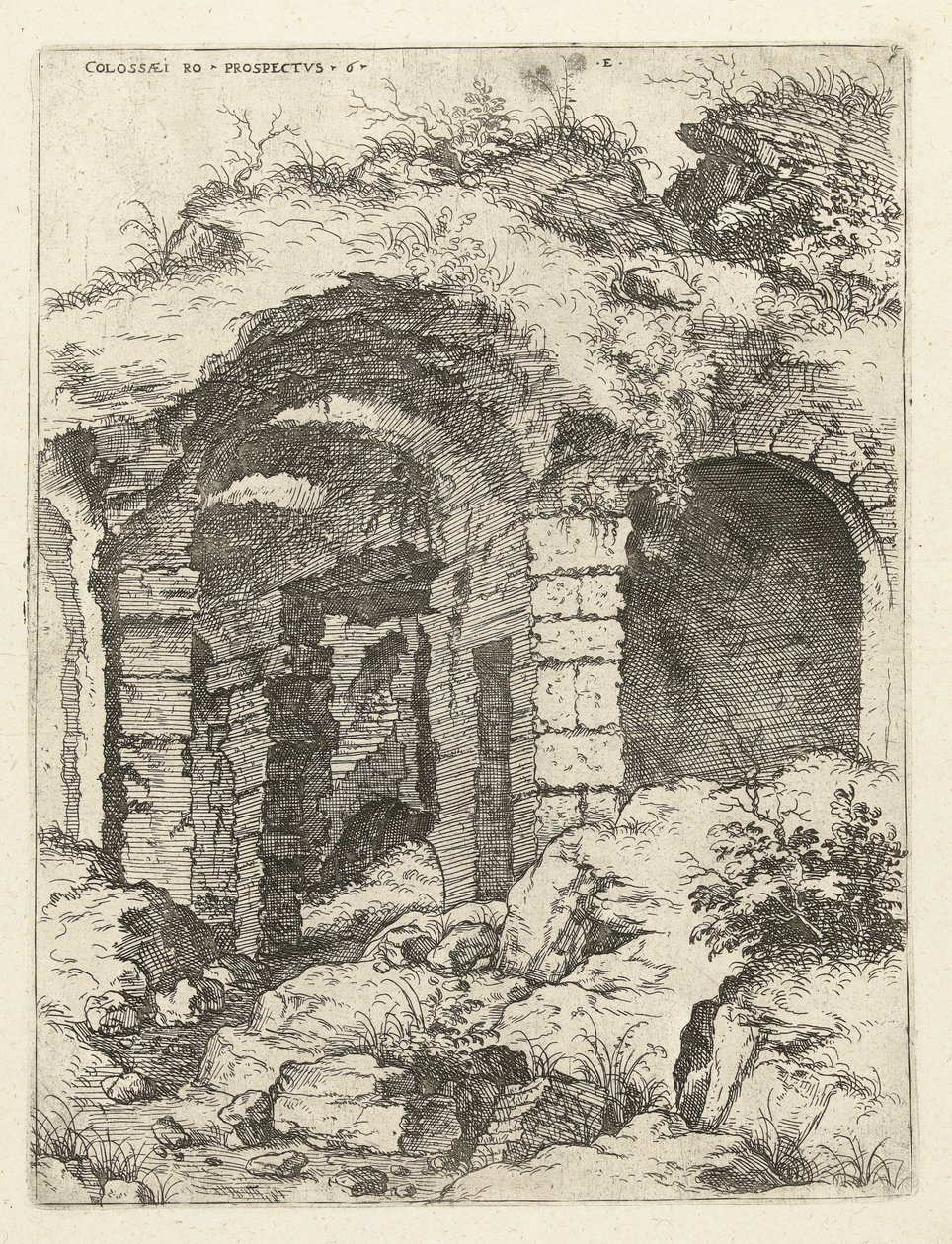 Kuudes näkymä Colosseumille Roomassa Colossæi etsii vs 6 (otsikko esineessä) Roman Ruins (sarjan nimi) tekijältä Hieronymus Cock