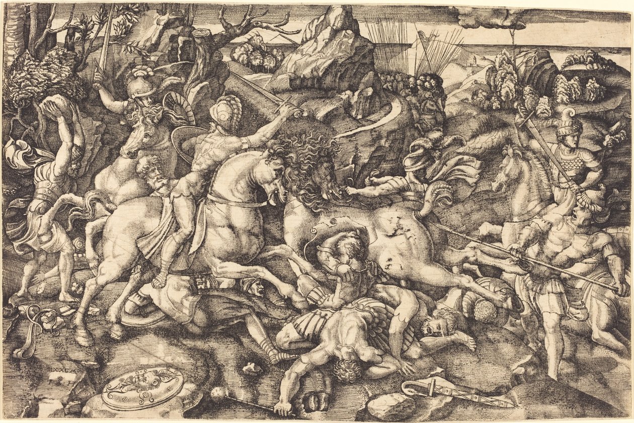Taistelu ratsumiesten ja jalkasotilaiden välillä tekijältä Hieronymus Hopfer after Raphael