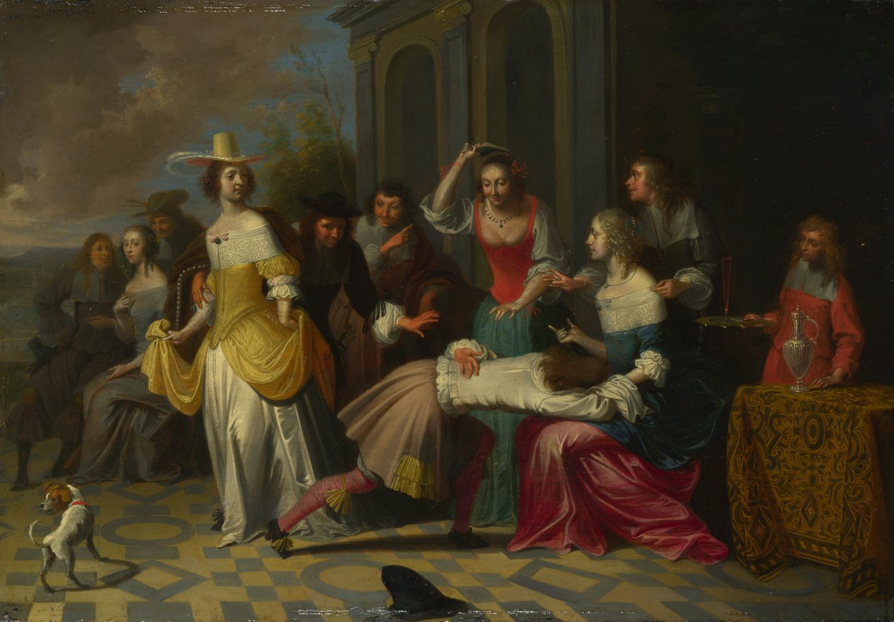 Naiset ja herrat soittamassa La Main Chaudea, c. 1655-1665 tekijältä Hieronymus, Janssens