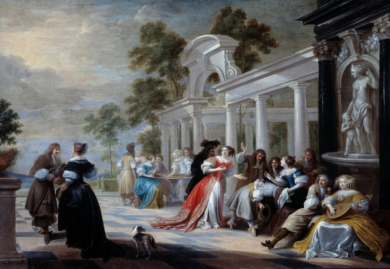 Peli Hot Hand Flanderin aateliston nuoret leikkivät puistossa. Hieronymus Janssensin maalaus dit le Dancer (1624-1693) 1600-luvun su. 0,58x0,83 m tekijältä Hieronymus Janssens