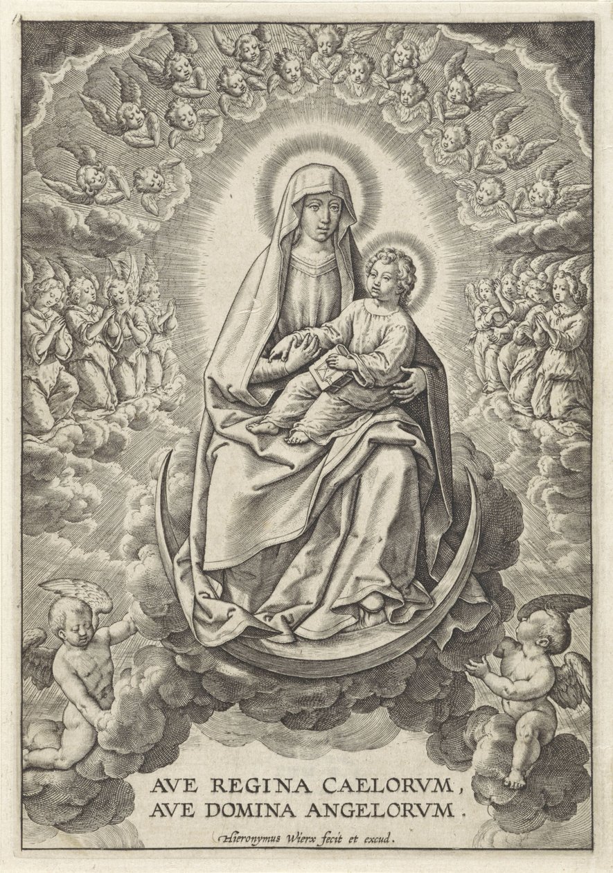 Maria Kristus-lapsen kanssa puolikuussa Ave Regina Caelorum, Ave Domina Angelorvm (otsikko esineessä) tekijältä Hieronymus Wierix